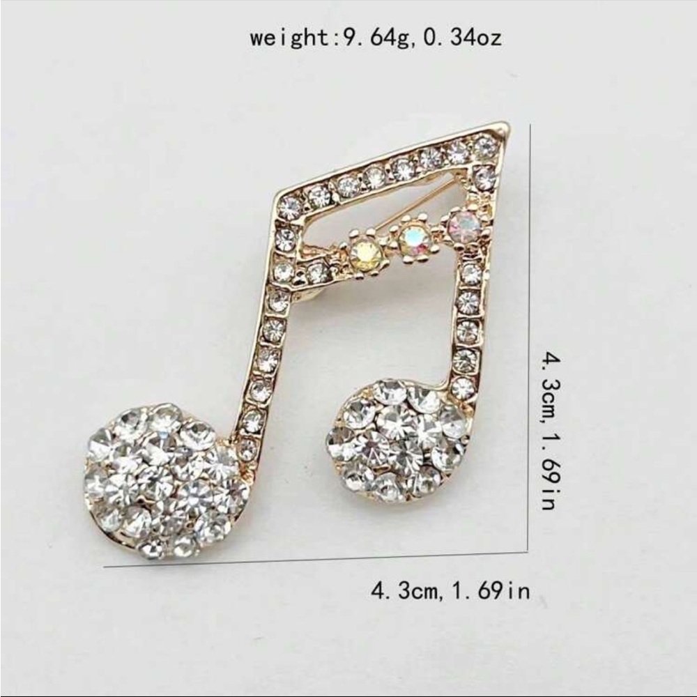 BNIB Elegant Style Music Note Rhinestone Brooch Gold Tone Unisex Timeless Gift - Picture 3 of 3